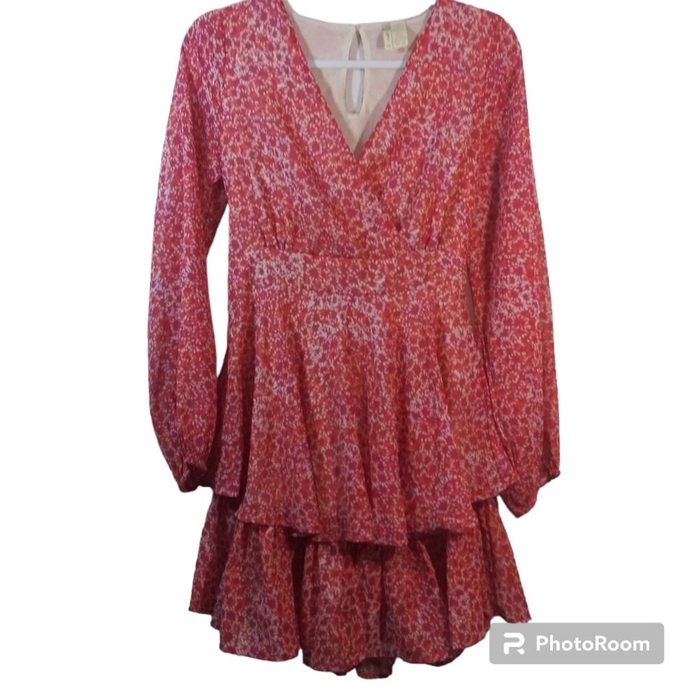 Japna Pink Floral Long Sleeve Ruffle Dress Size M